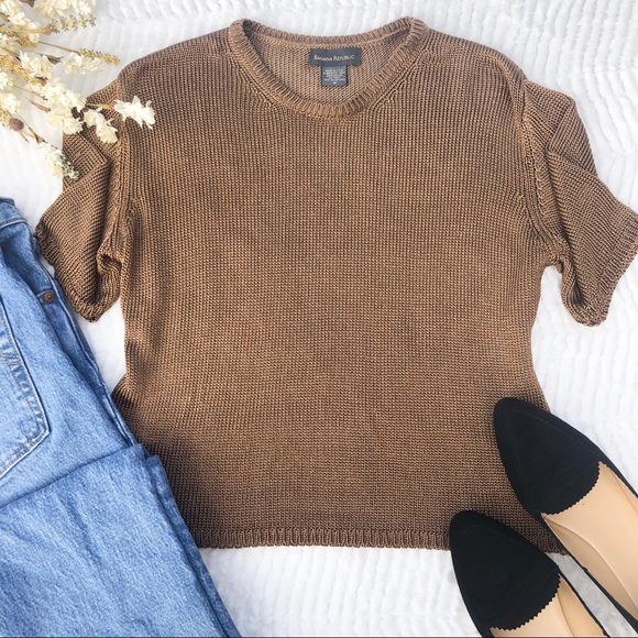 Banana Republic Tops - BANANA REPUBLIC Satin Tan Short Sleeve Crop Knit
